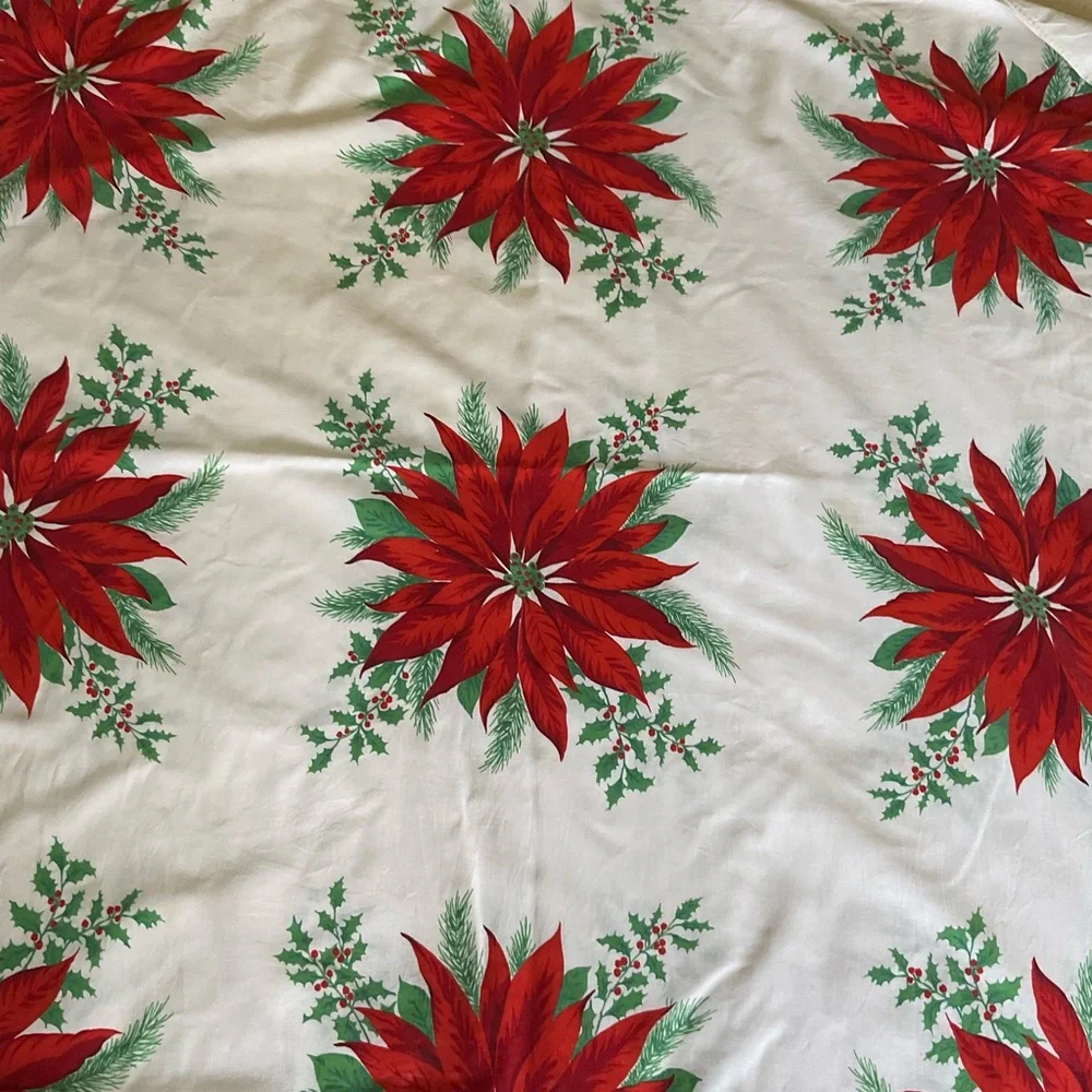 Vintage Poinsettia Christmas Cotton Tablecloth Measures 53x88.